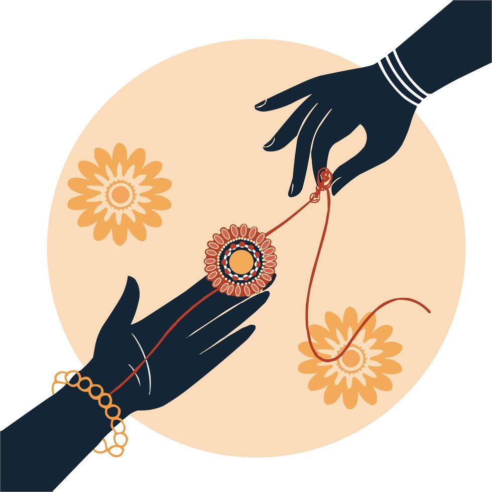 Symbolic Raksha Bandhan Ceremony Featuring Hands Tying a Rakhi with Decorative Flowers and Bracelets, a Celebration of Sibling Bonds vector