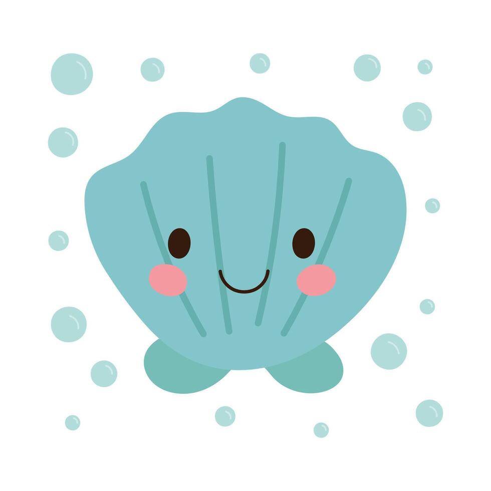 Blue clam shell character with a sweet expression and bubbly background, ideal for beach art, aquatic kids prints, or marine decorations vector