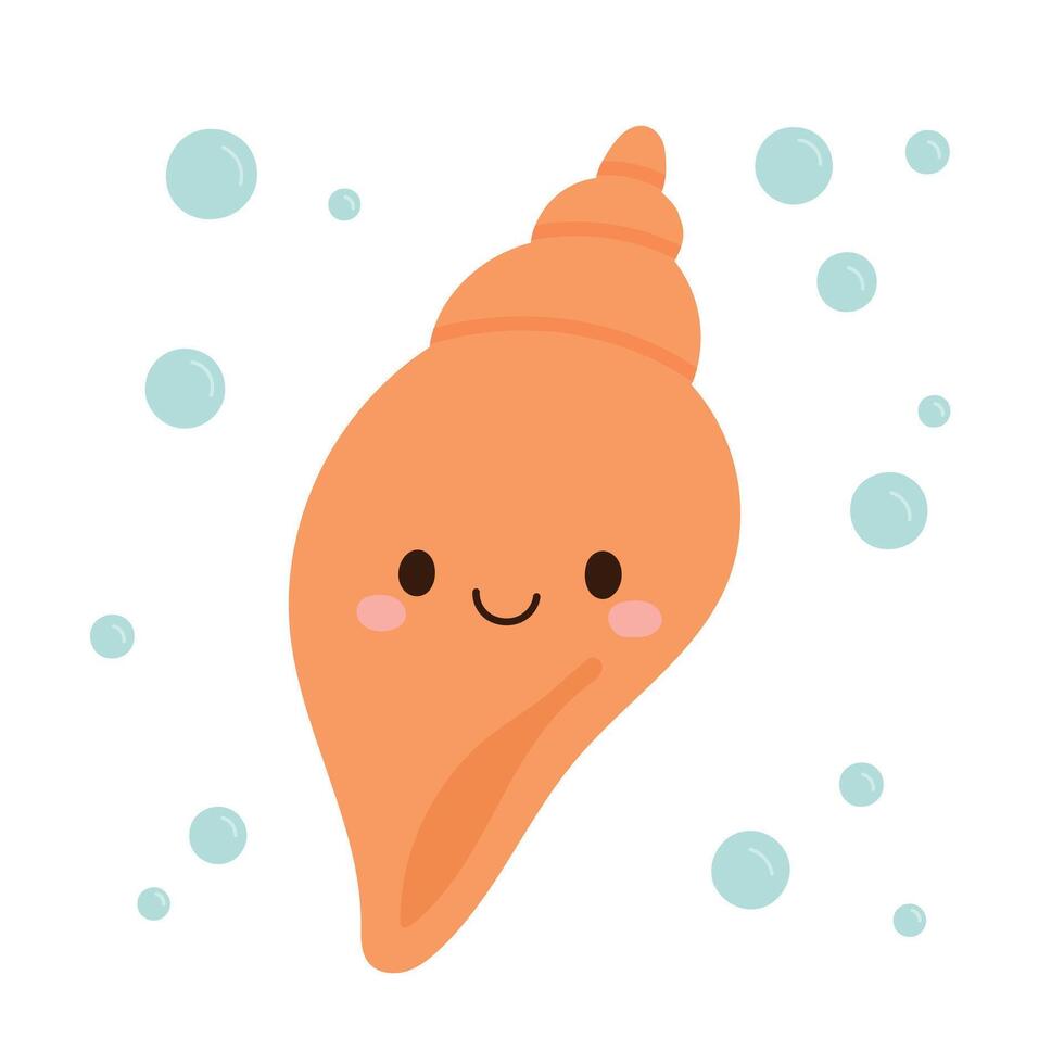 Cute cartoon conch with rosy cheeks and spiral shell floats among ocean bubbles in this cheerful underwater character illustration vector
