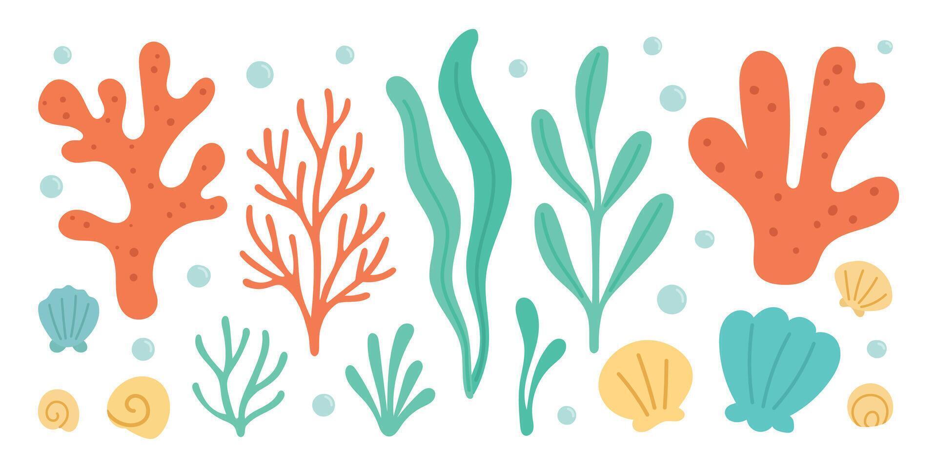 Colorful undersea plant set with seaweed, reef coral, and shells forms a vibrant marine illustration perfect for creative ocean backgrounds or pattern design vector