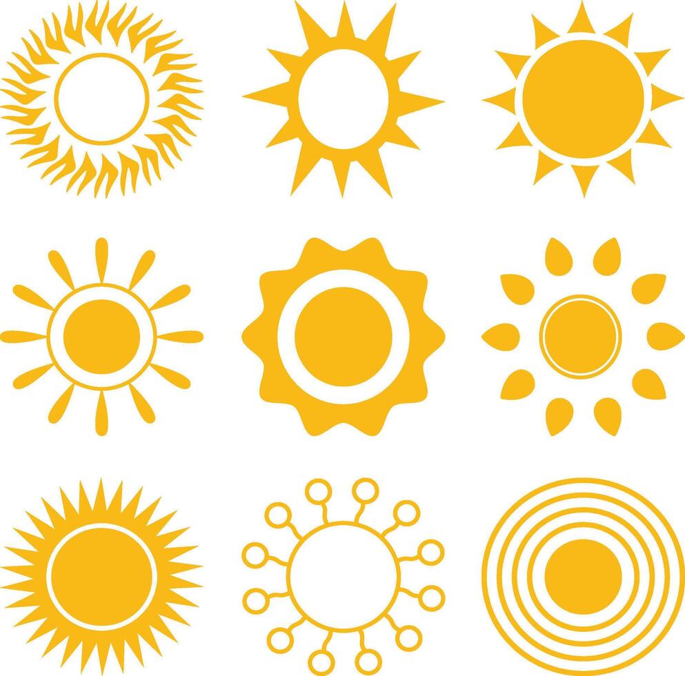 Collection of various yellow sun icons and illustrations for design and use vector