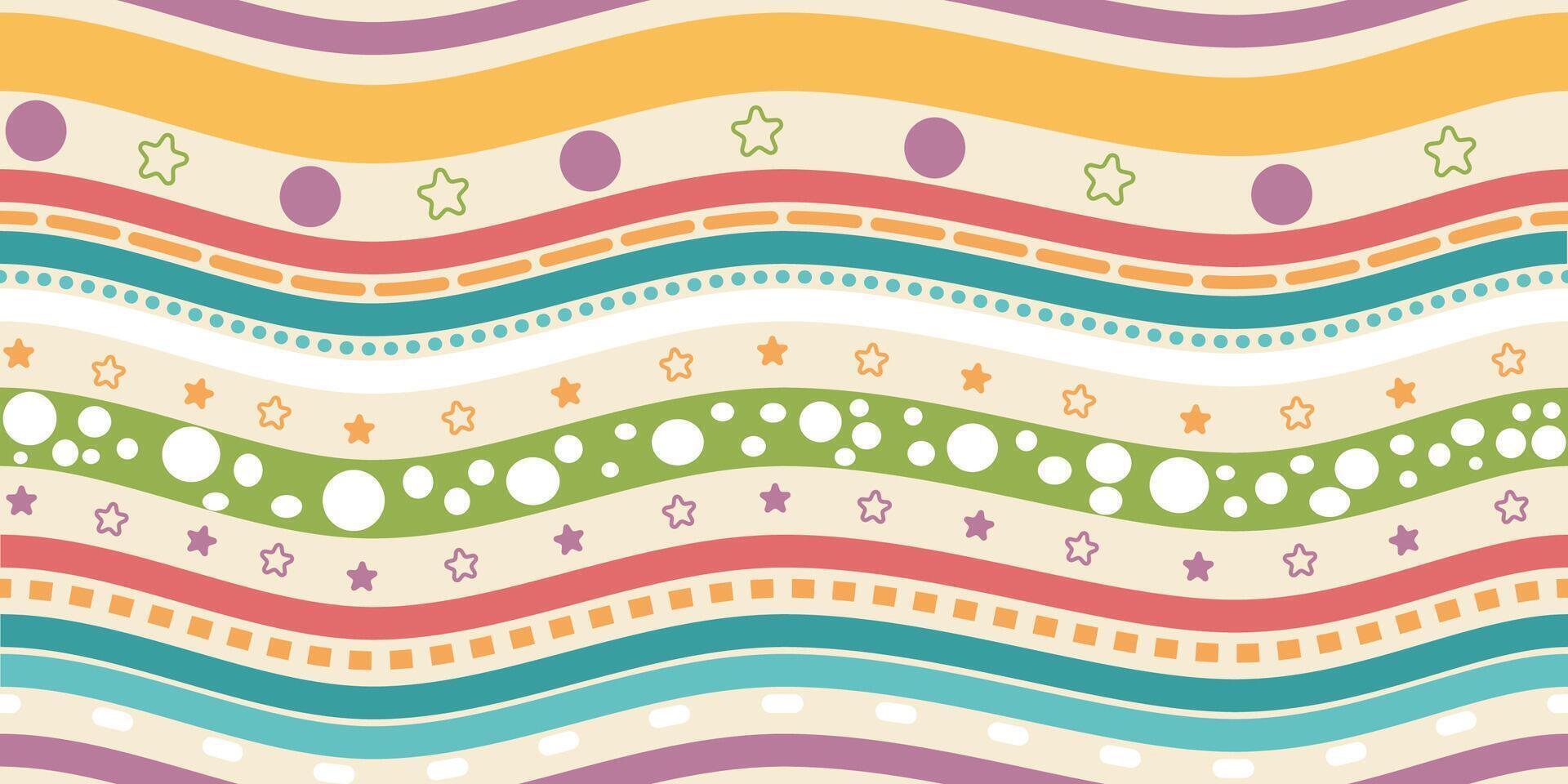 Retro Seamless Pattern with Smooth Waves, Stars, and Circles in Fun Colors vector