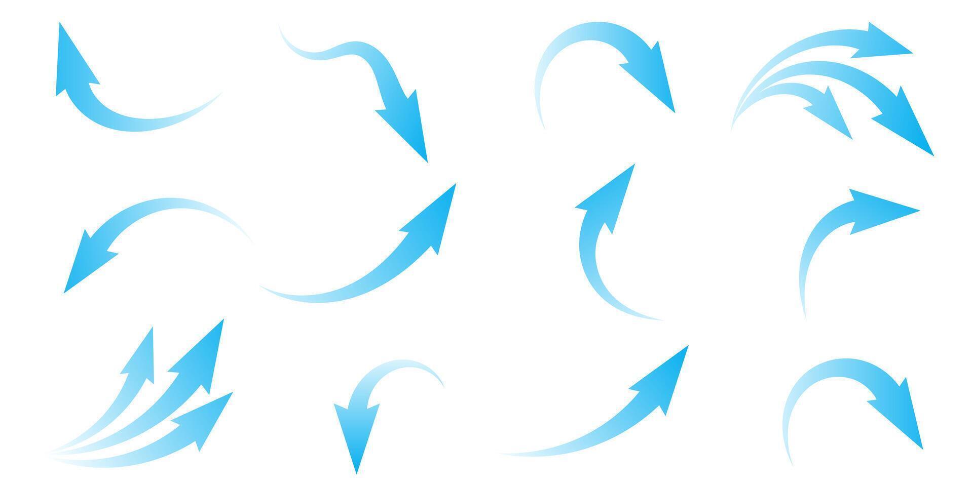 Air flow. Set of blue arrows showing direction of air movement. Wind direction arrows. Blue cold stream from the conditioner. vector