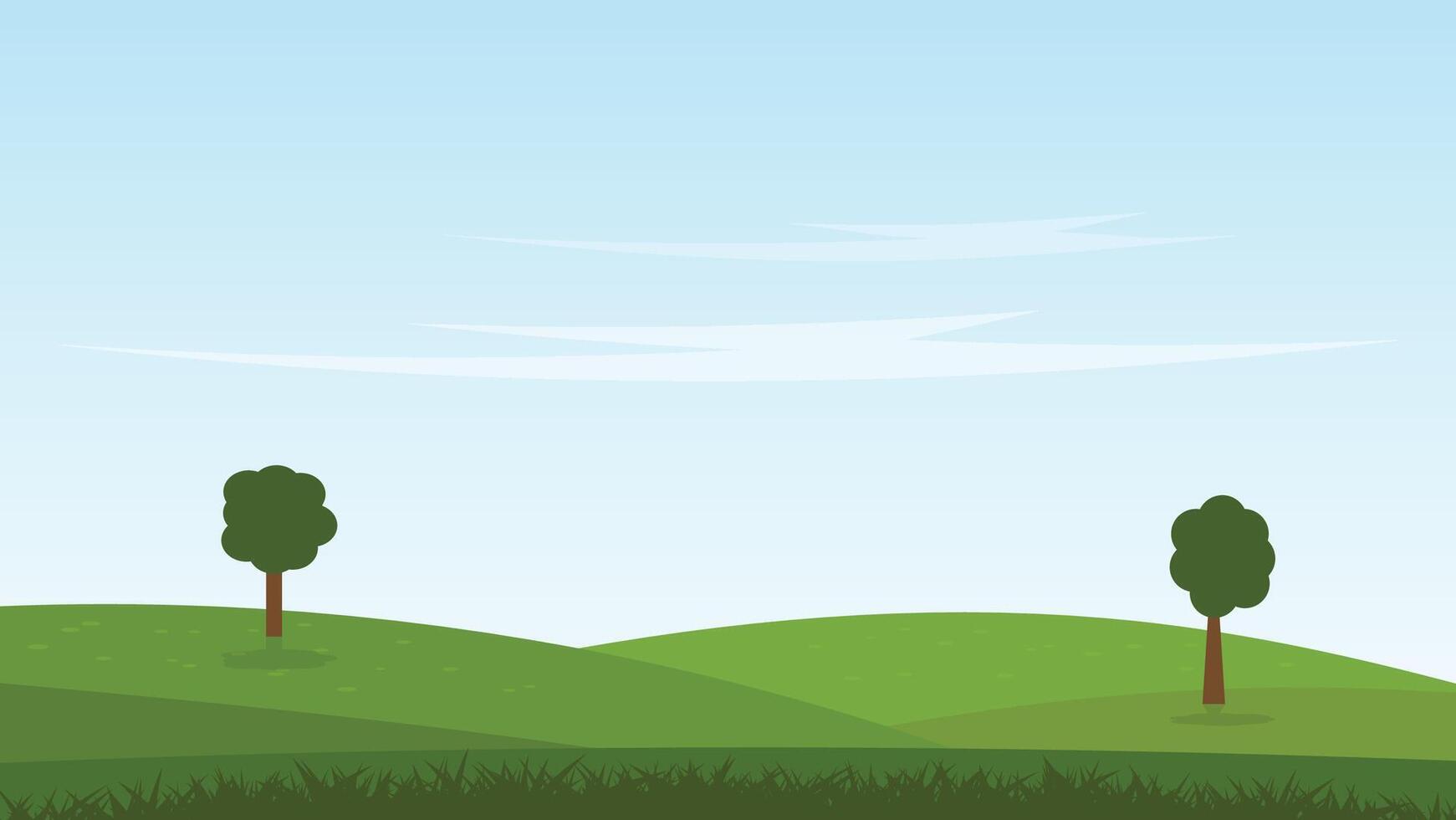 nature landscape cartoon scene. green field with trees and blue sky background vector