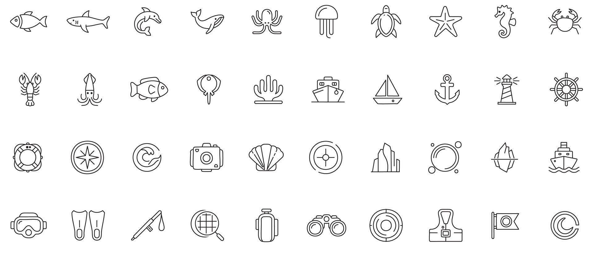 Minimal Marine Life Line Art Icons Sea Creatures and Ocean Elements Set vector