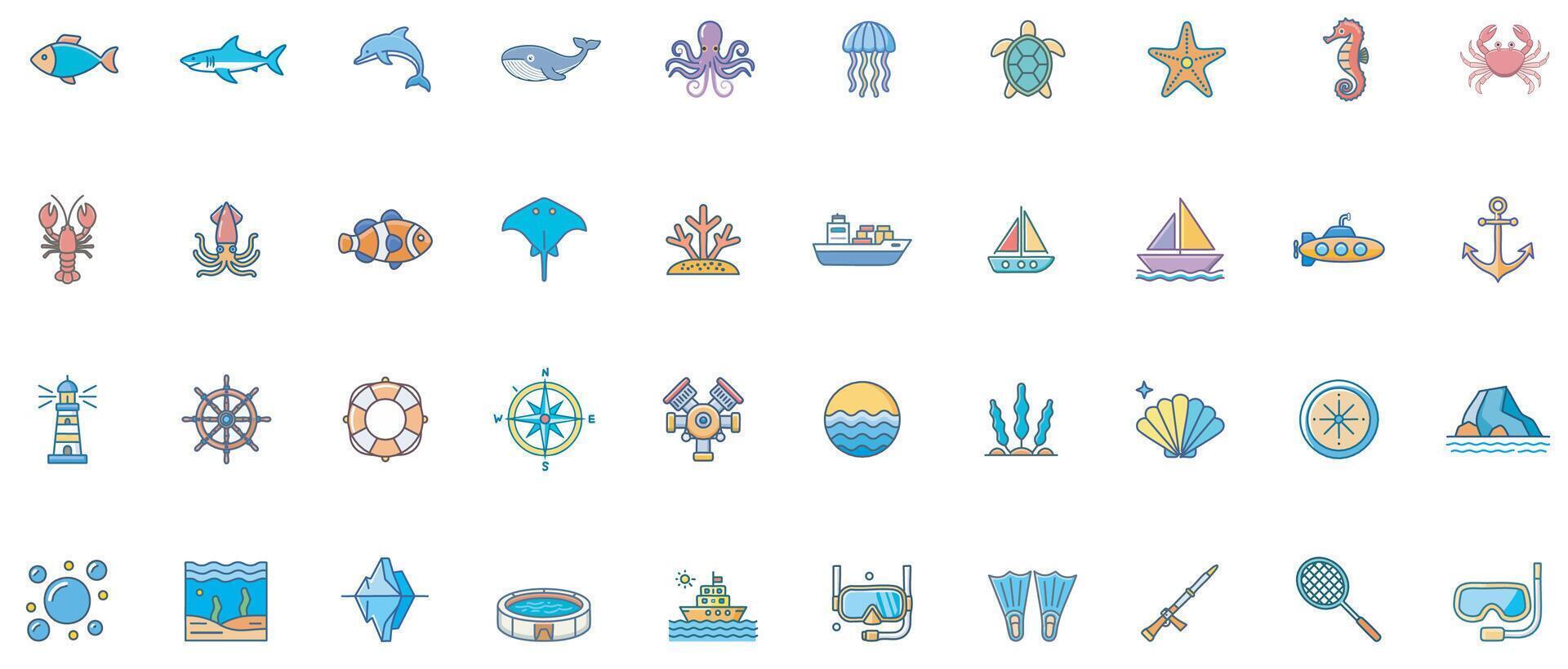 Marine Life Color Icon Set Vibrant Ocean Animals and Sea Creatures Icons for Education and Design vector
