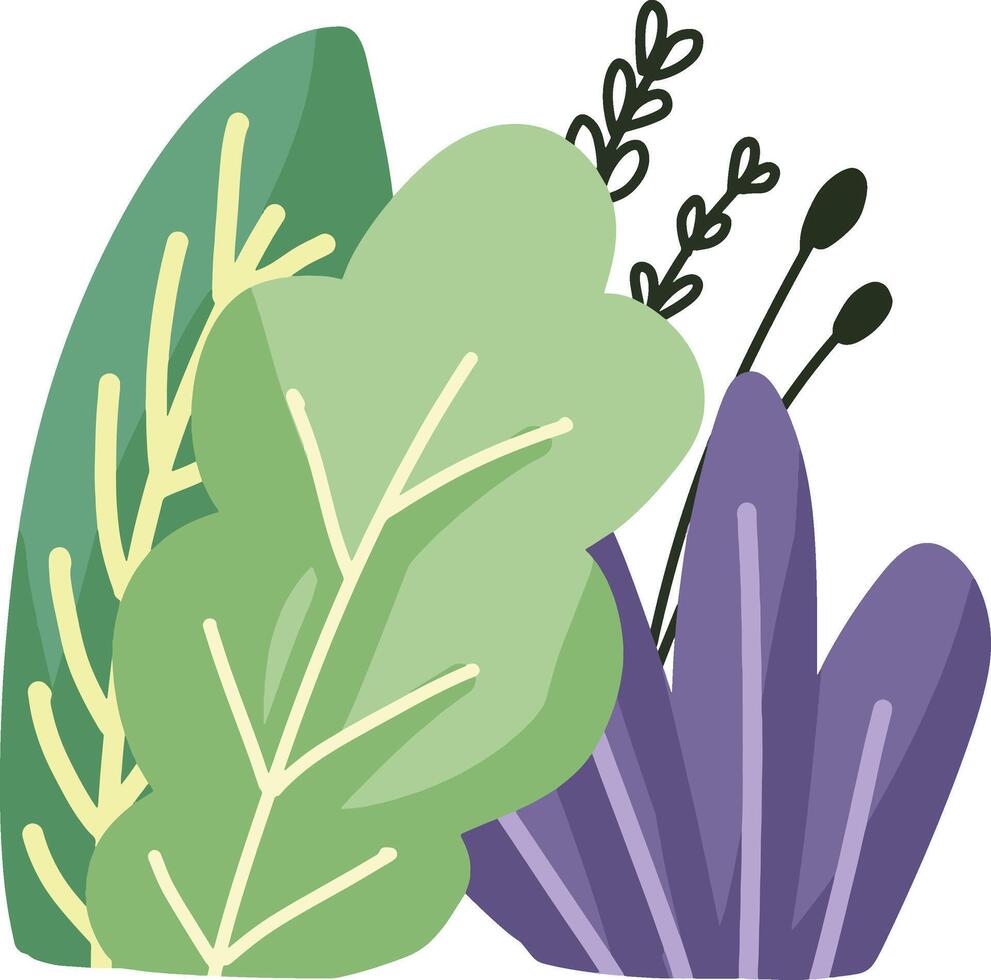 Green and purple stylized leaves and plants composition vector