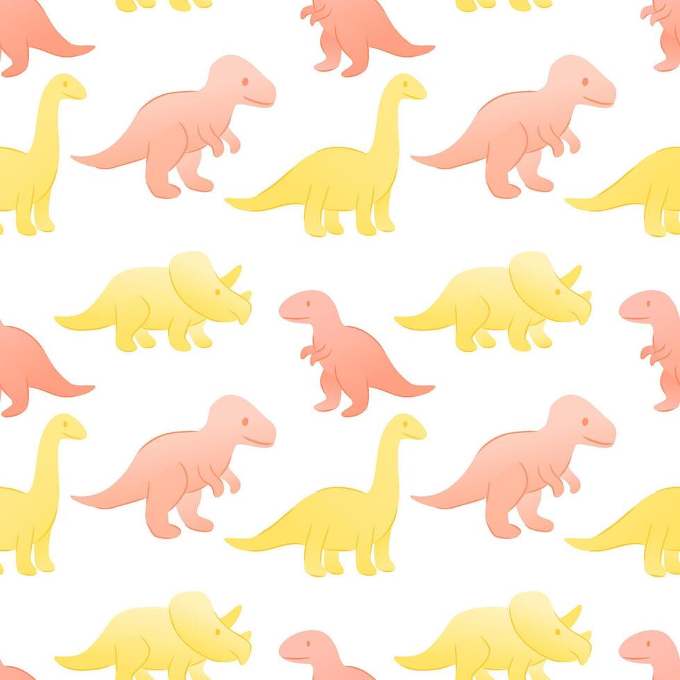 A seamless pattern featuring colorful cartoon dinosaurs. Includes a triceratops, brachiosaurus, and T-rex in shades of pink and yellow on a white background. vector