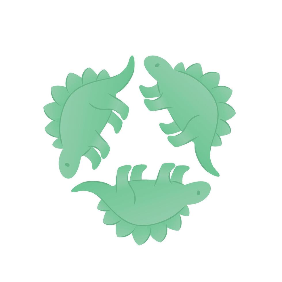 Three cartoon stegosaurus dinosaurs in a playful arrangement. They are green with spiky backs, suitable for children's illustrations or educational materials. vector