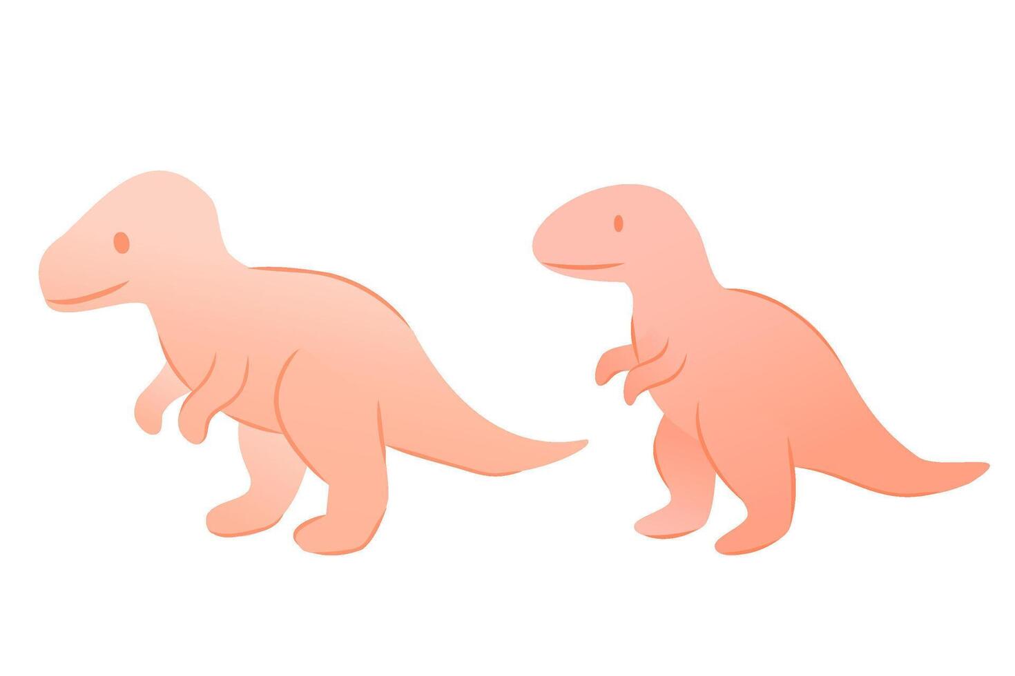 Two cartoon dinosaurs in a playful pose. They are pink, with simple features and small arms. The background is plain, emphasizing the characters. vector
