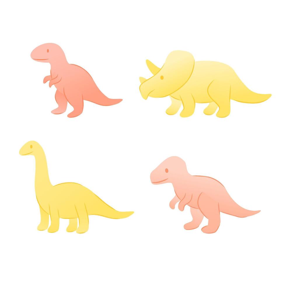 Four cartoon dinosaurs in pastel colors. Includes a pink dinosaur, a yellow triceratops, a yellow brontosaurus, and a pink T-Rex. Suitable for children's themes. vector
