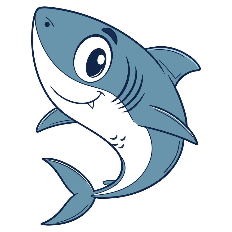 Cartoon flat icon of a cute blue shark with friendly face and fin design art vector
