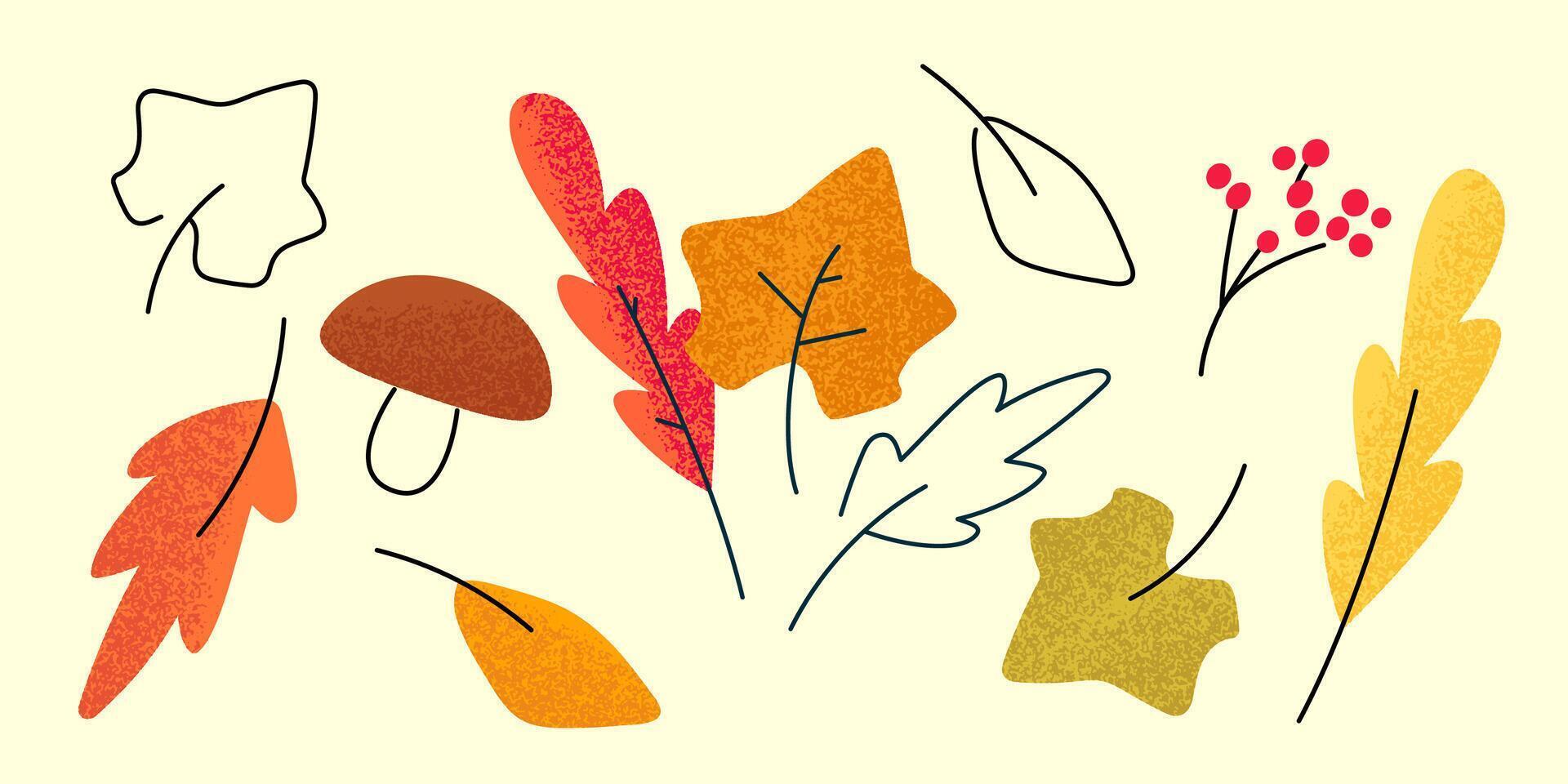 Autumn doodle red fallen leaves and forest elements collection with grainy texture vector