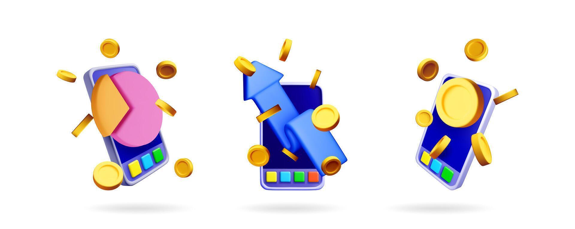 Mobile icons with coins and shapes vector