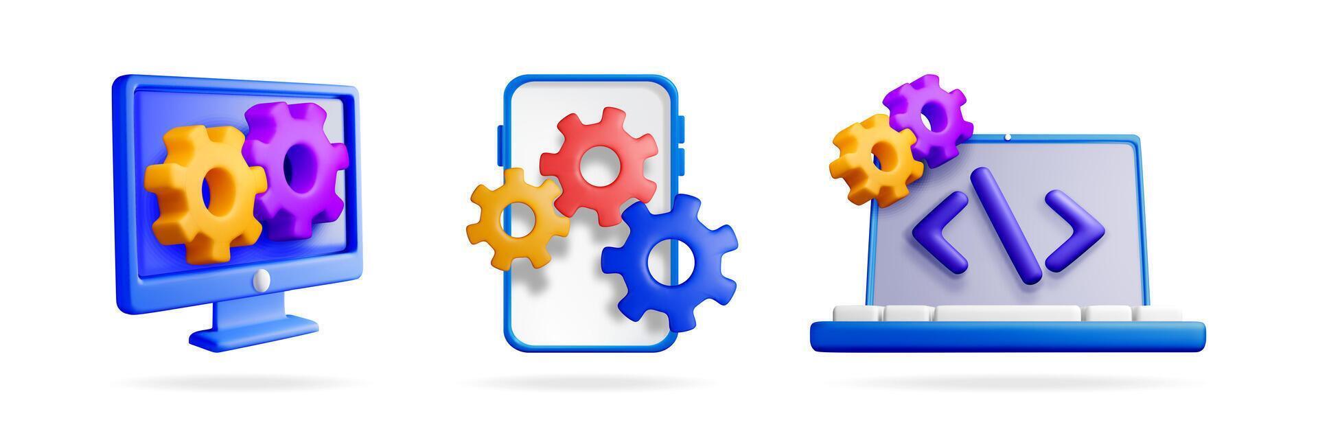 Collection of 3d gears and code for system setup vector