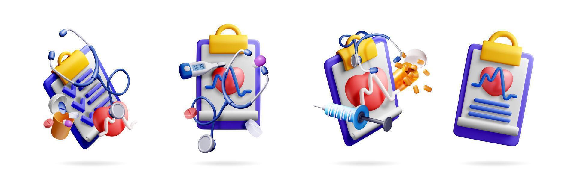 3d medical clipboard with heart, stethoscope vector