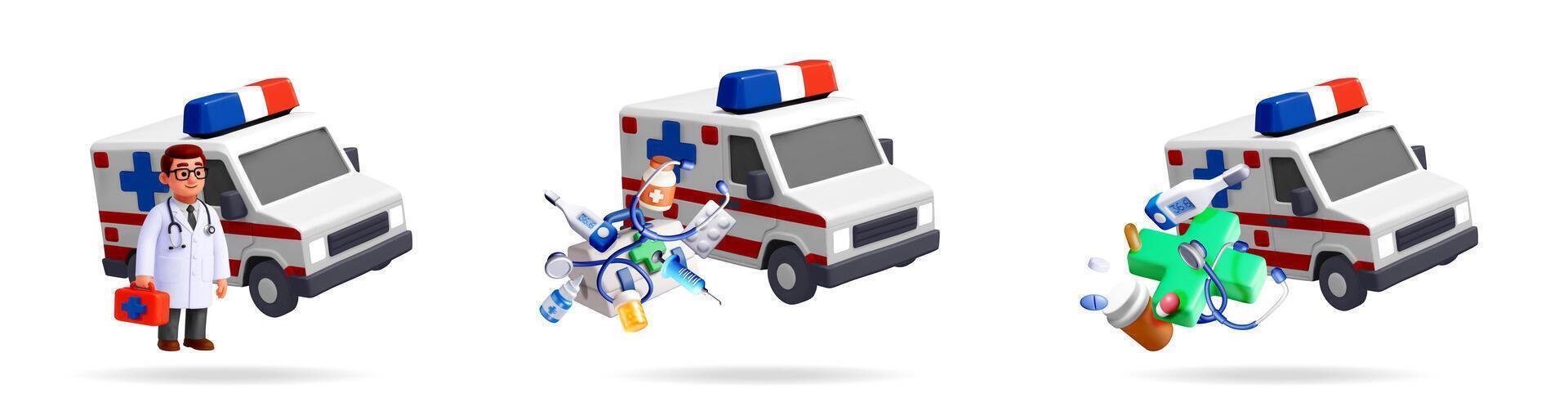 3d set of ambulance cars with medical equipment vector
