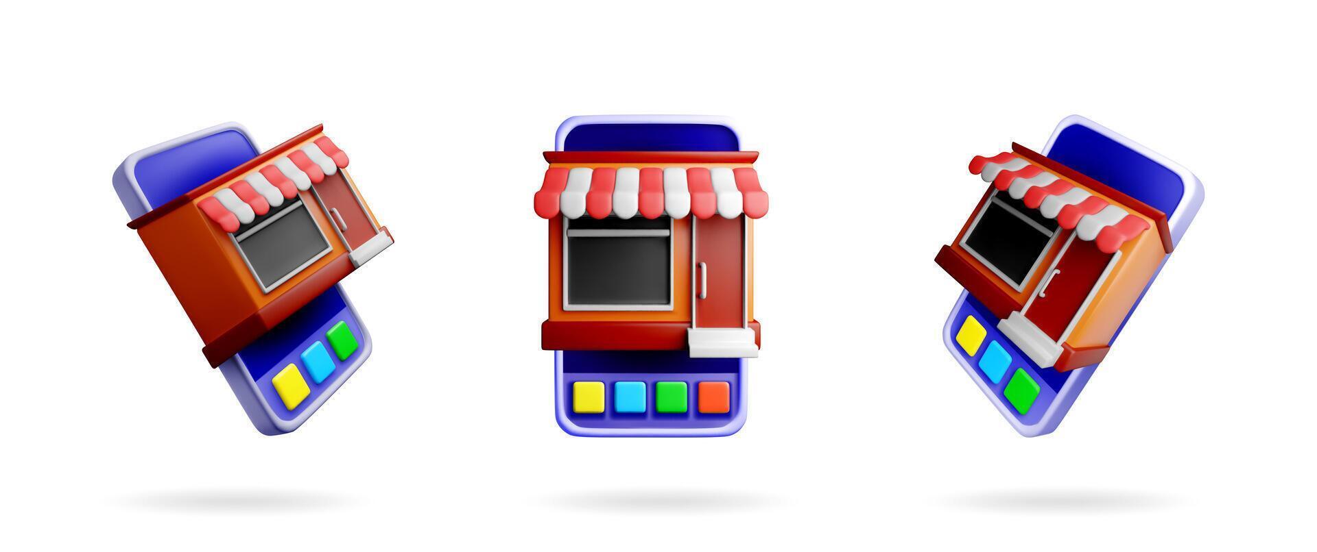 Three 3D phone models with miniature shop facades vector