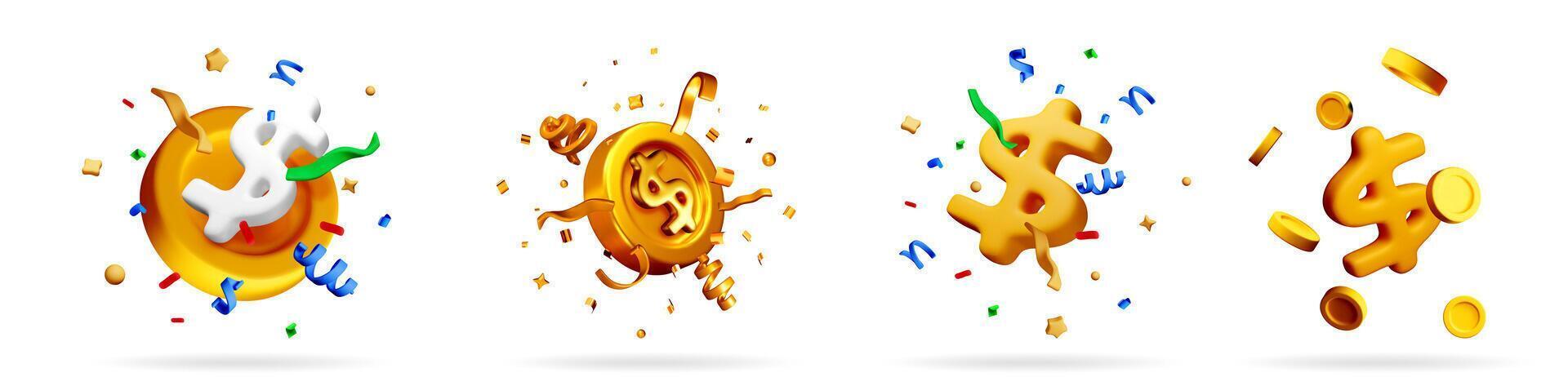 Set of 3d golden dollar signs with confetti vector