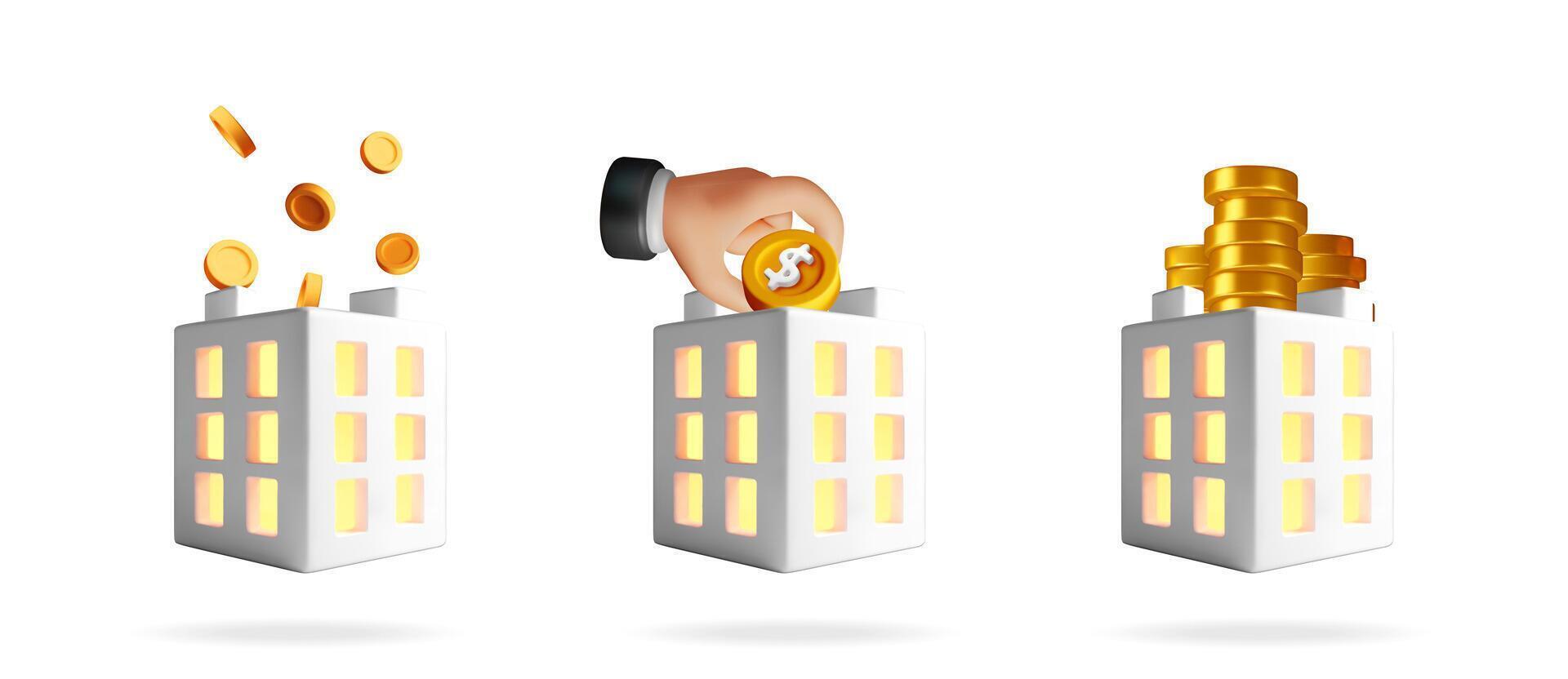 3D set of golden coins falling into building vector