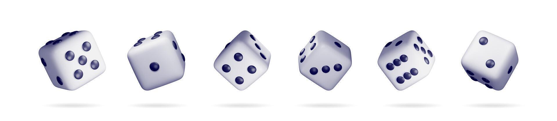 Set of six 3d render white dice with black dots vector