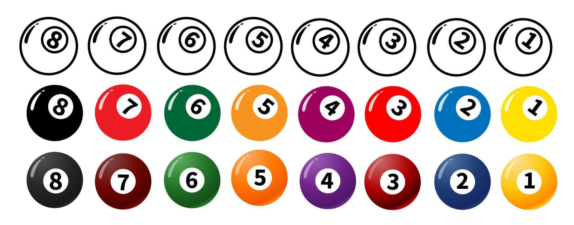 Pool or American billiards balls collection. Snooker color balls with numbers and zero ball. vector