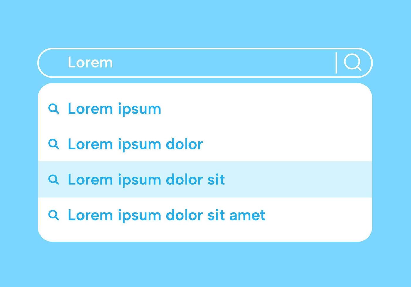 Search bar results. Web page interface mockup with search window and suggestion list. browser searched address frame and searching phone application vector
