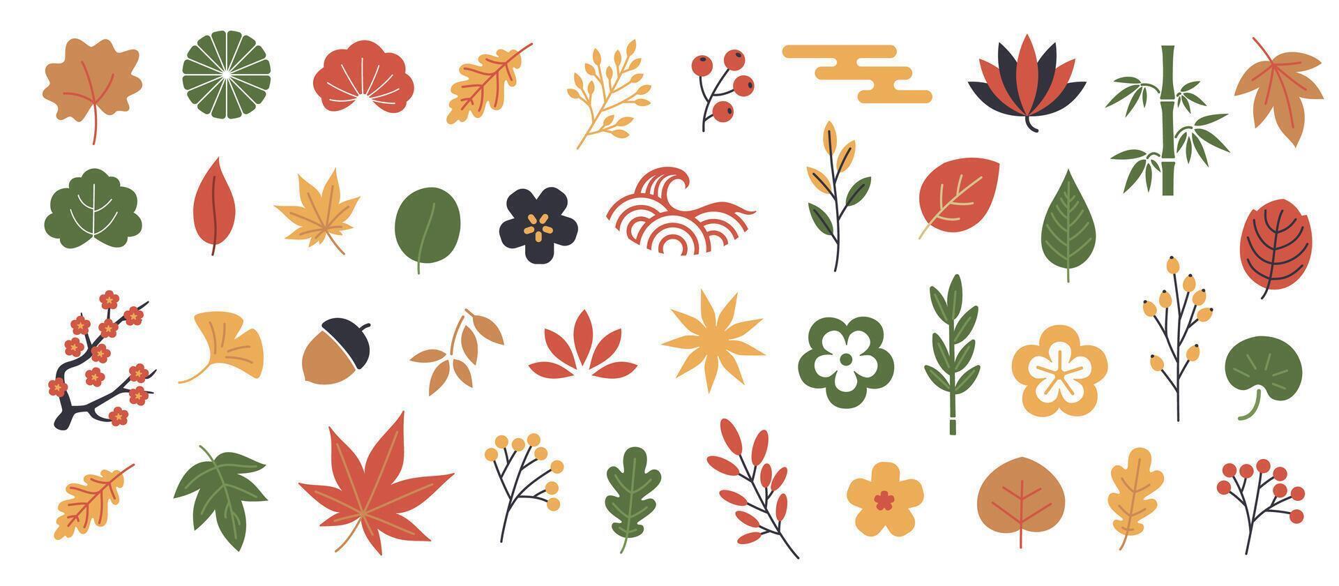 Autumn leaves title frame. Fall Japanese minimal cartoon decorative border elements with falling forest leaves, cute seasonal leaf and background. simple autumn shapes vector