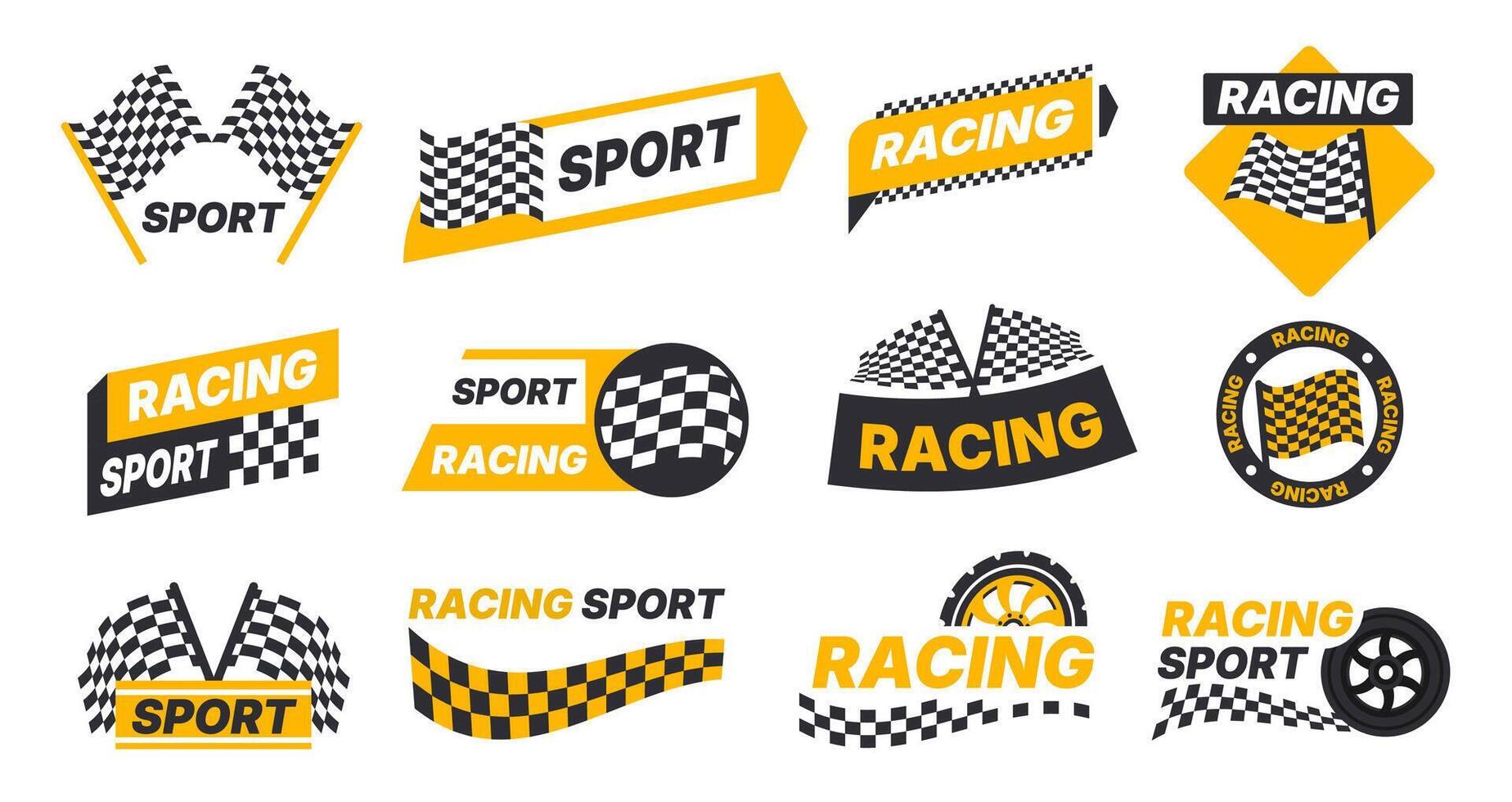 Racing checker logo. Speed car sport check sticker, checkered border stripe rally automobile badge flat cartoon style. checking finish race logos set vector