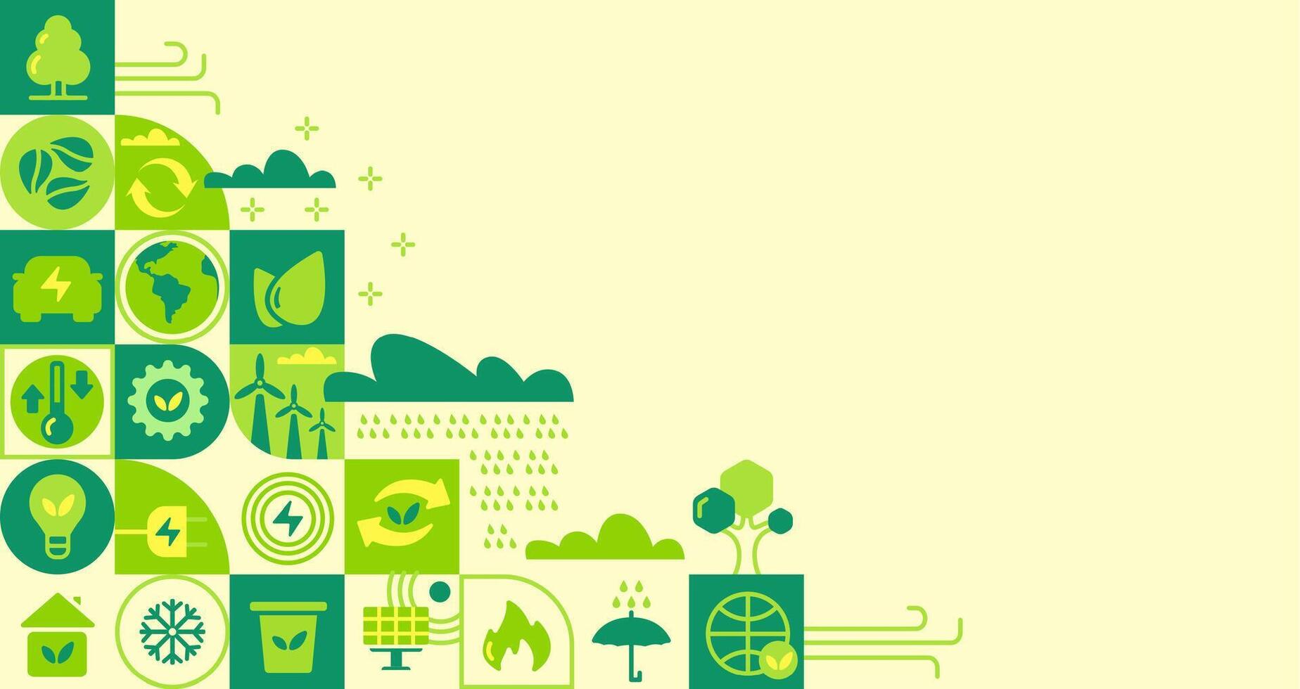 Mosaic eco background. Green abstract geometric pattern with nature icons, modern ecology banner cover for earth day recycling awareness. eco illustration vector
