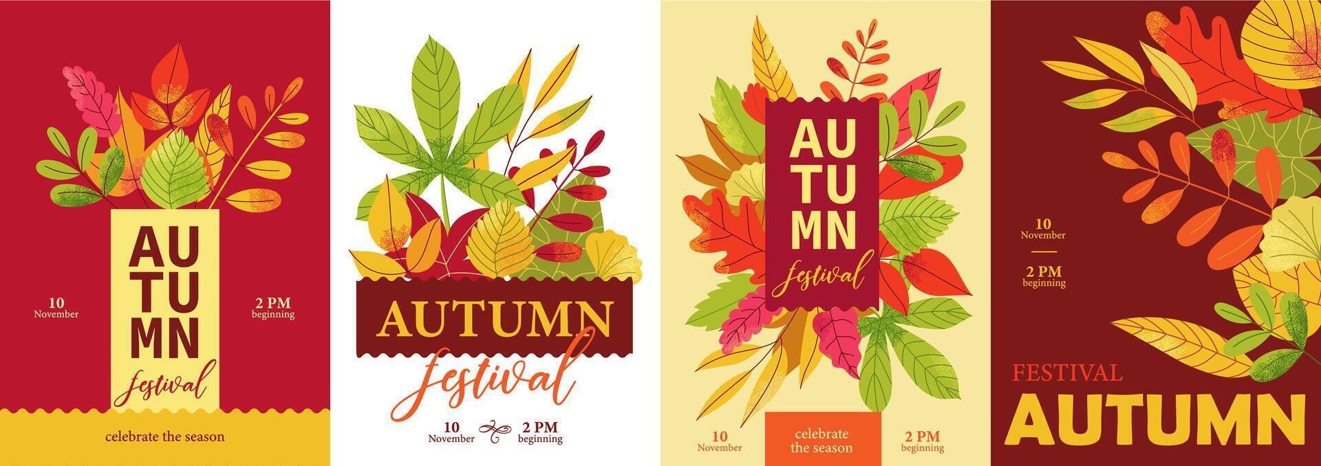 Autumn posters. Seasonal fall botanical floral leaves backdrop with rowan branches, frame with autumn foliage for greeting card. fall cover set vector