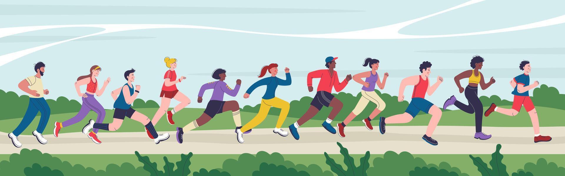 Group of runners jogging outdoors vector