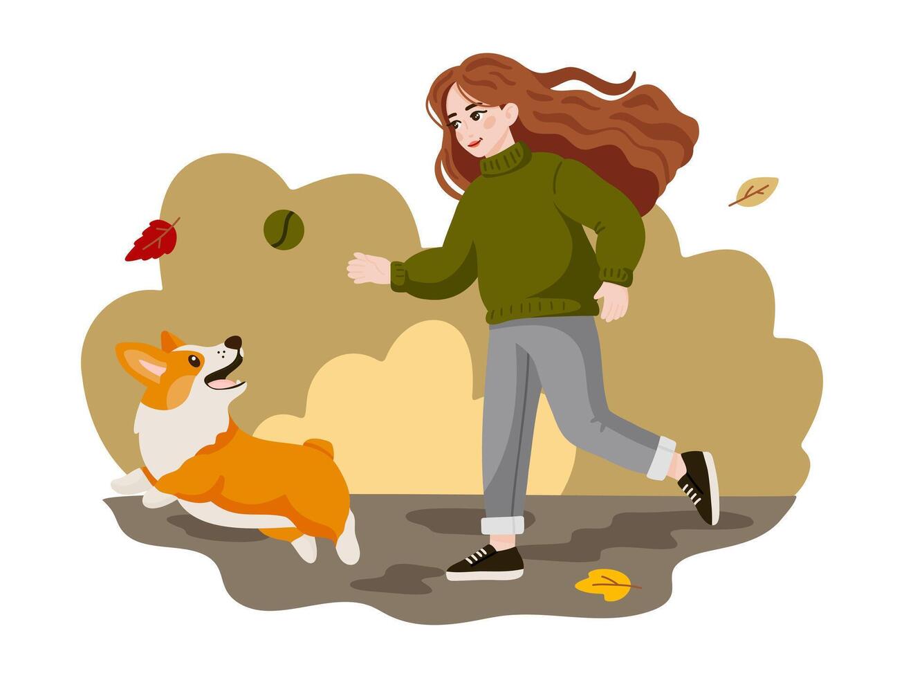 Girl with corgi playing in autumn vector