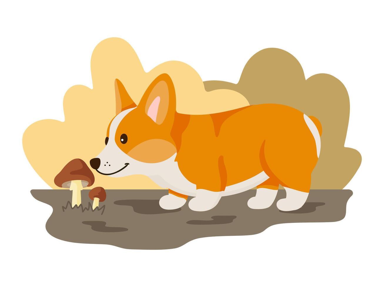 Curious Corgi Dog Sniffing Mushrooms Autumn vector
