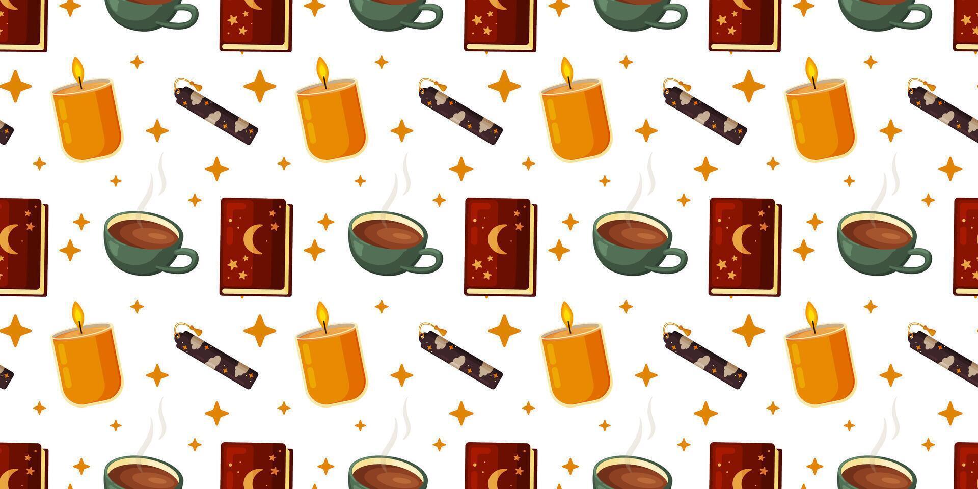 Pattern of candles, coffee, and books vector