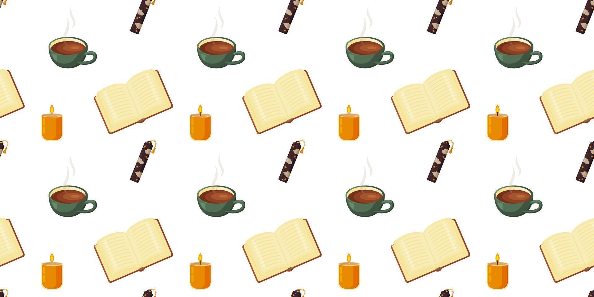 Coffee, books, and candles pattern vector