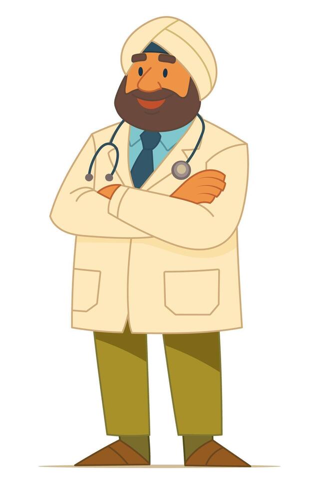 Confident male doctor wearing a turban and medical coat with arms crossed, suitable for healthcare, vaccination, and cultural diversity themes vector
