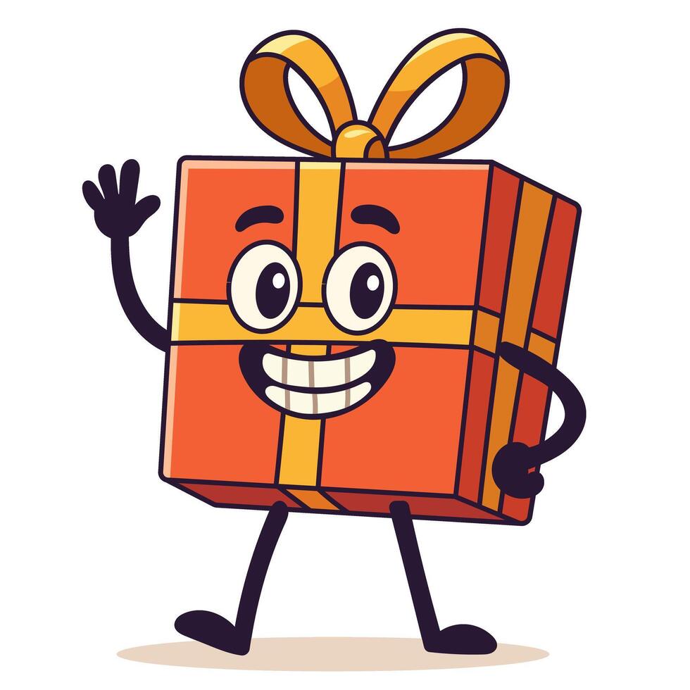 Smiling gift character waving cheerfully with bow on top in flat cartoon style vector