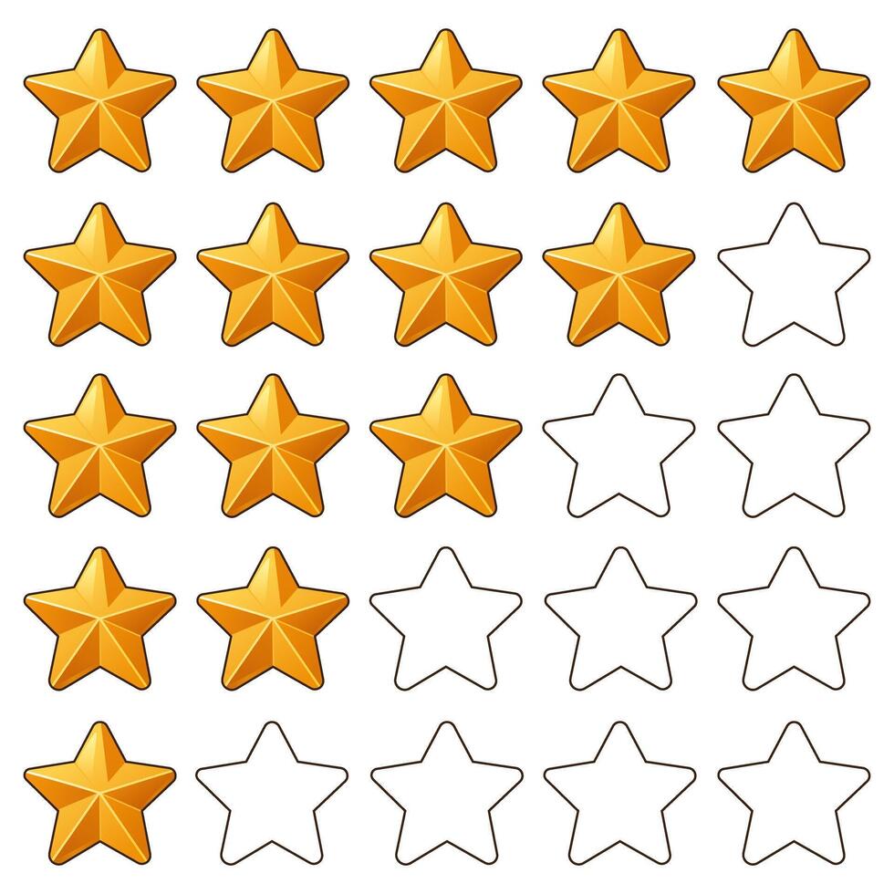 Golden star rating icons in various levels from five stars to zero, flat cartoon style vector
