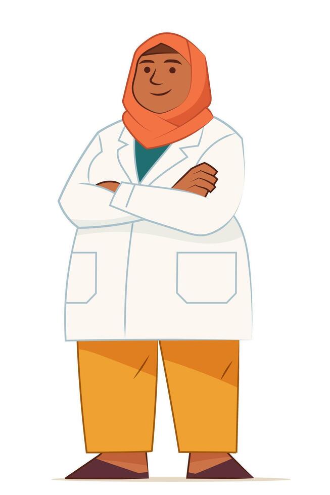 Female arabic doctor in hijab standing confidently with folded arms in medical coat vector