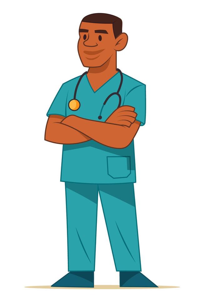 black Male nurse or surgeon in blue scrubs with stethoscope and folded arms, confident expression vector