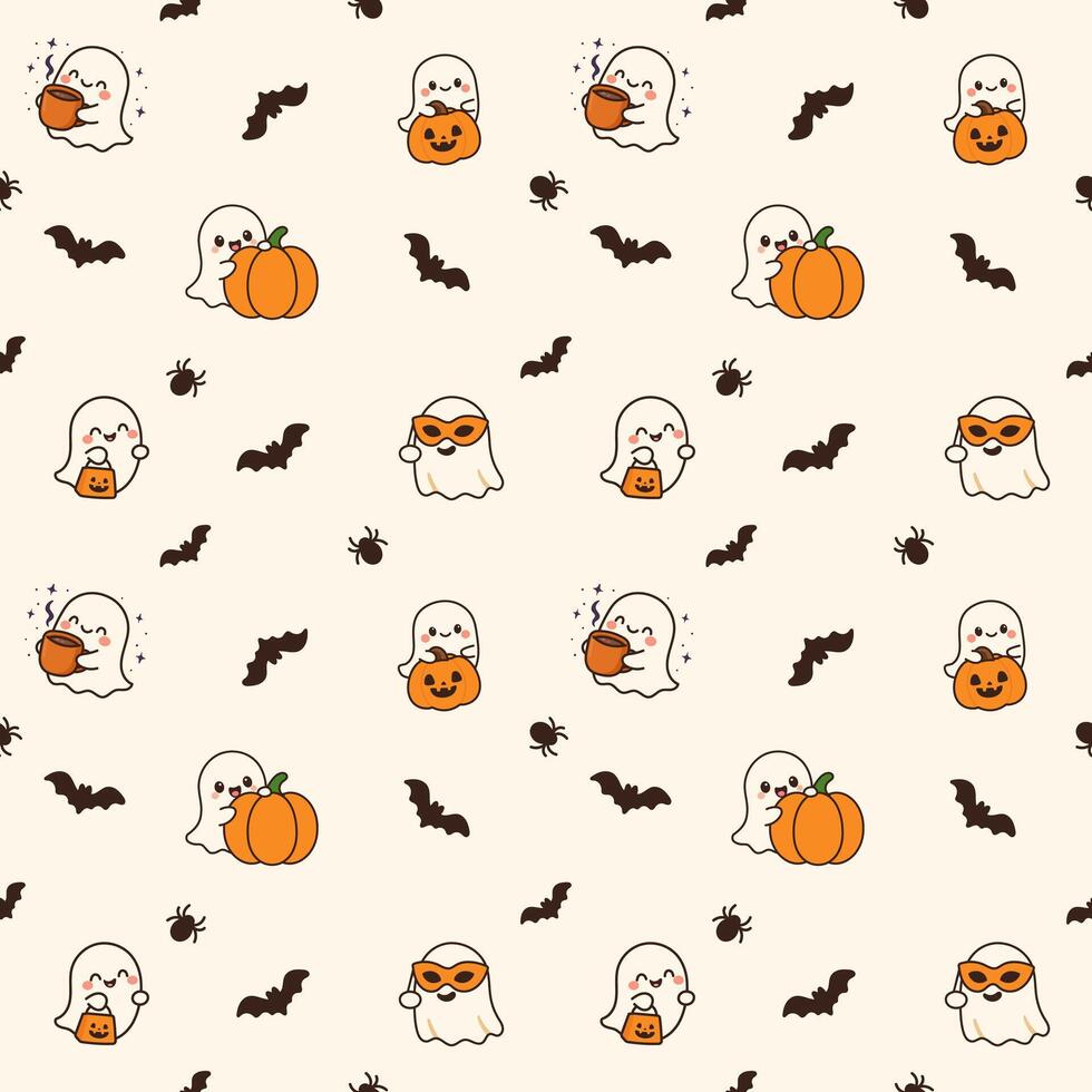 Seamless Halloween pattern with cute ghosts, pumpkins, bats and spiders on beige background vector