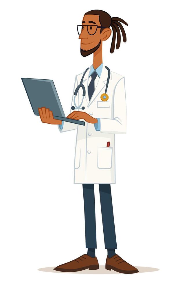 Young male doctor with dreadlocks and glasses working with tablet in medical office vector