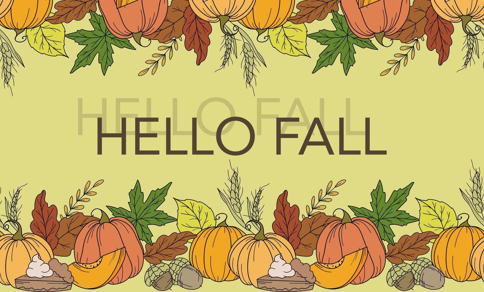 Fall Seamless Design Template. Hello Fall Poster. Horizontal Fall Background. Autumn Line Art Drawing. Fall Botanical garland seamless. Border Frame vector