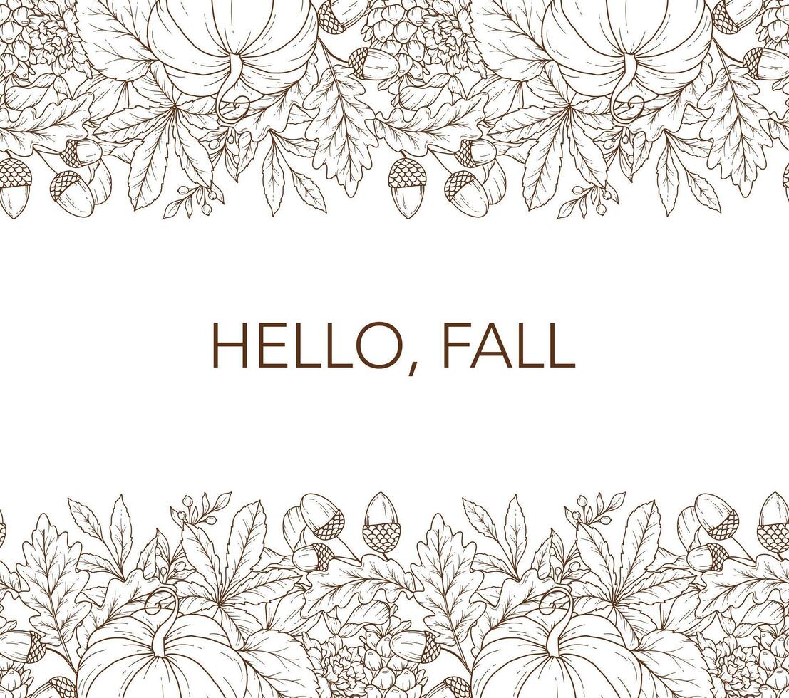 Hello fall Graphics. Seamless Fall Border Frame. Seamless Horizontal Fall Background. Autumn Line Art Drawing. Fall Flower Design. Border Frame vector