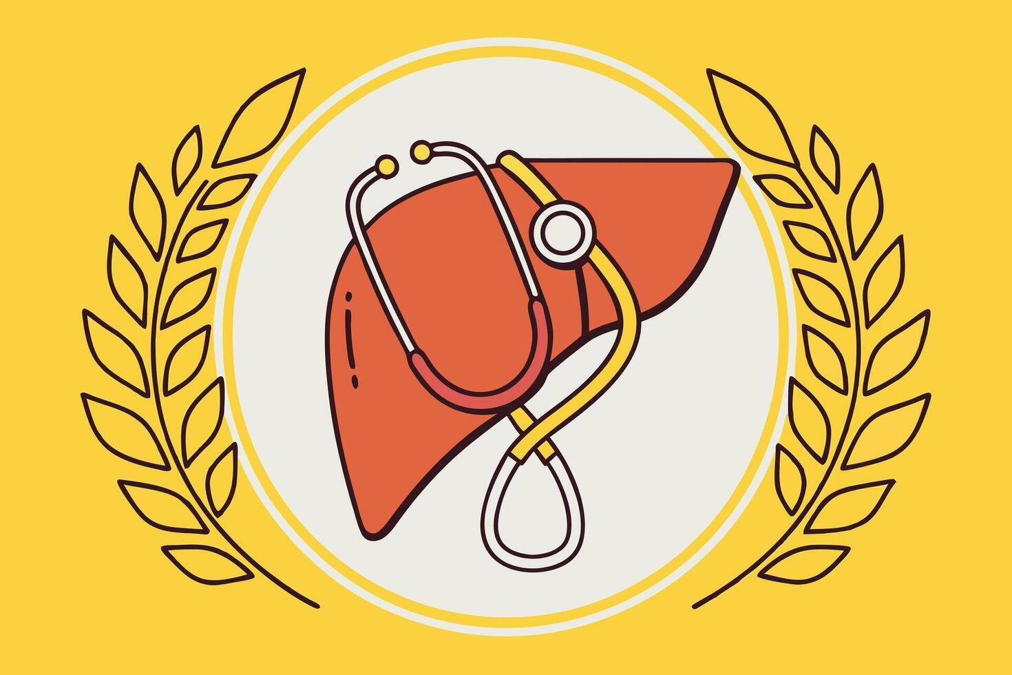 Liver with stethoscope and laurel wreath on yellow background vector