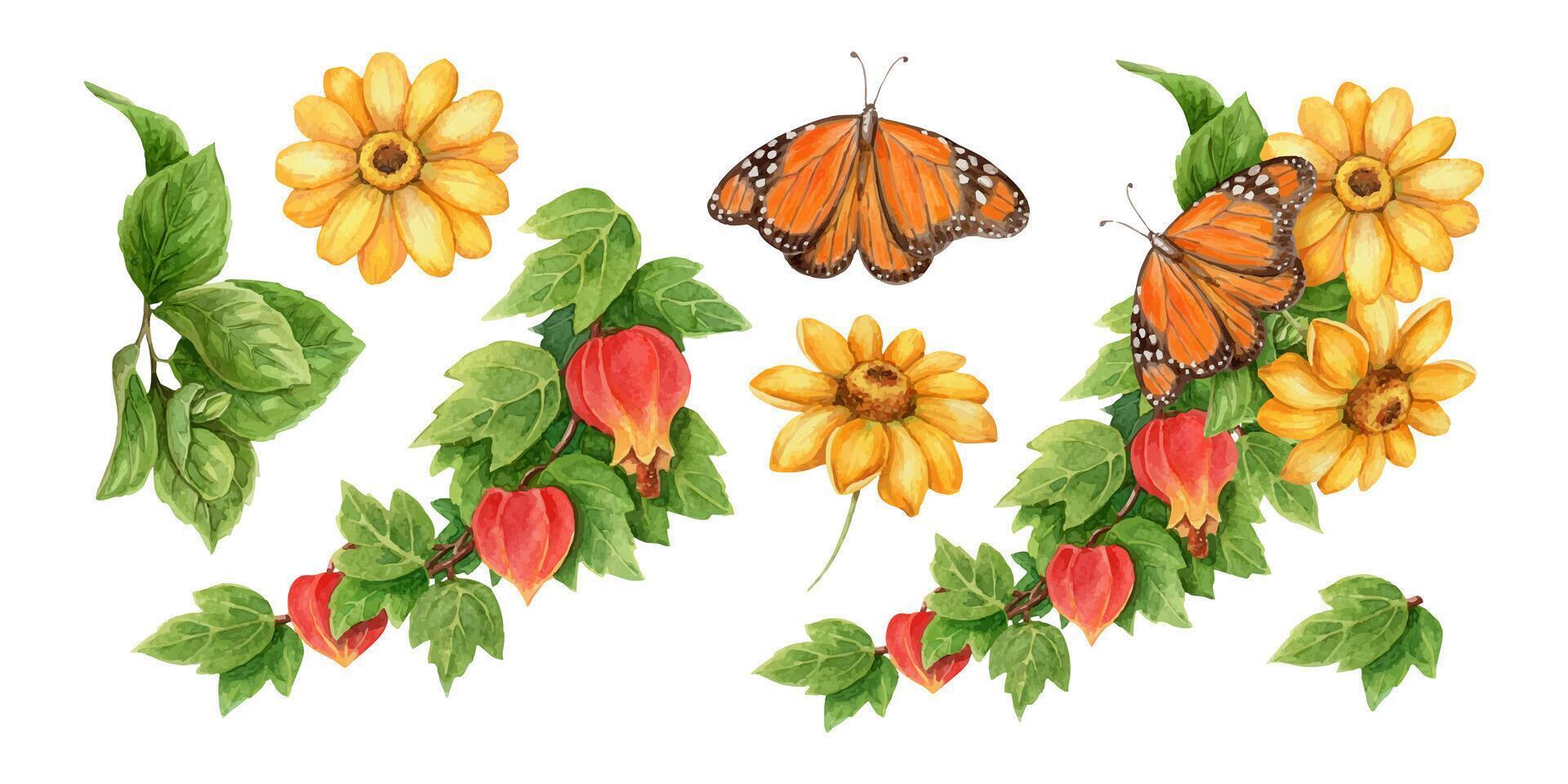 Butterflies and flowers in vibrant colors vector