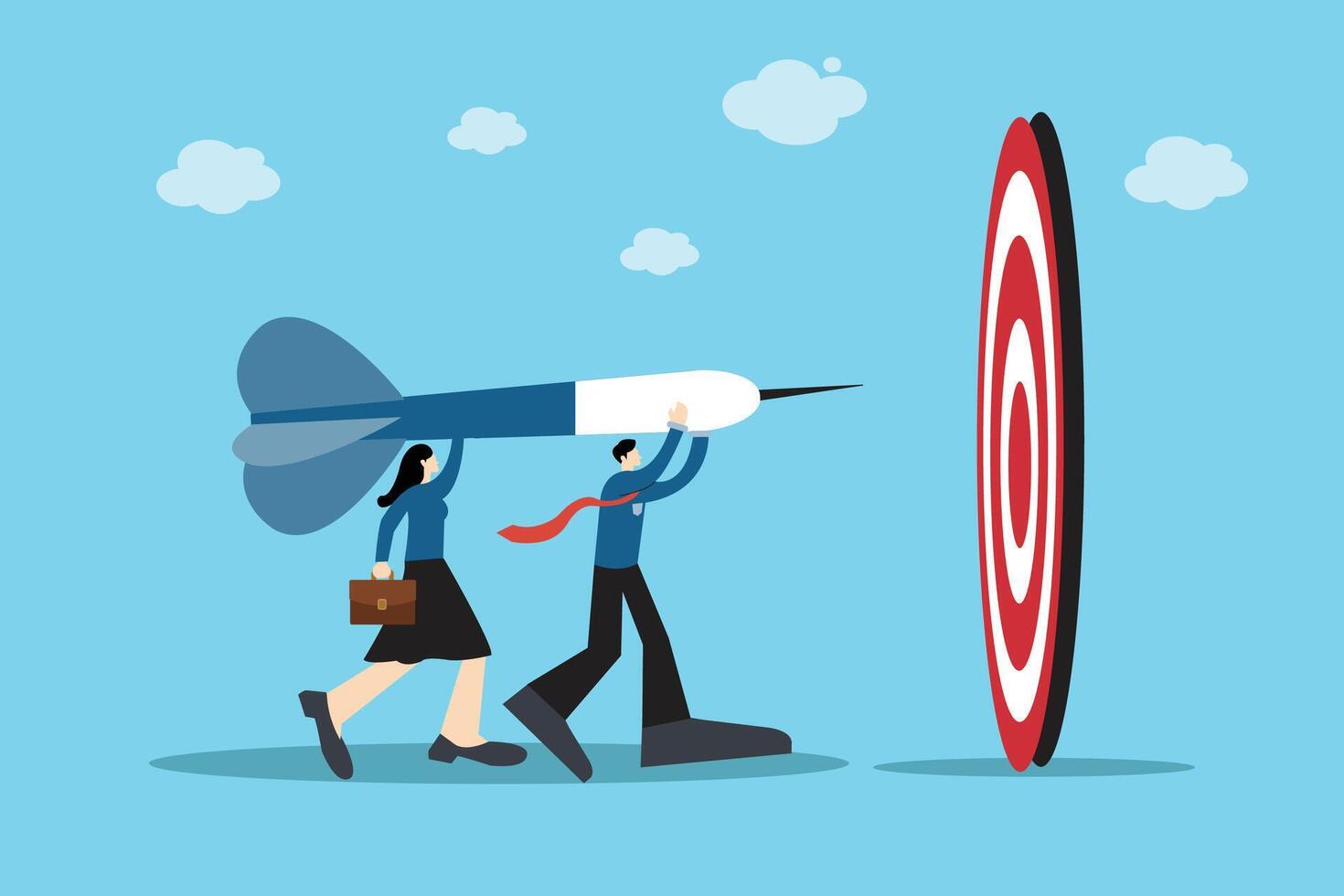 Two business partners push a large target icon together, symbolizing teamwork, shared goals, and strategic collaboration in business. vector