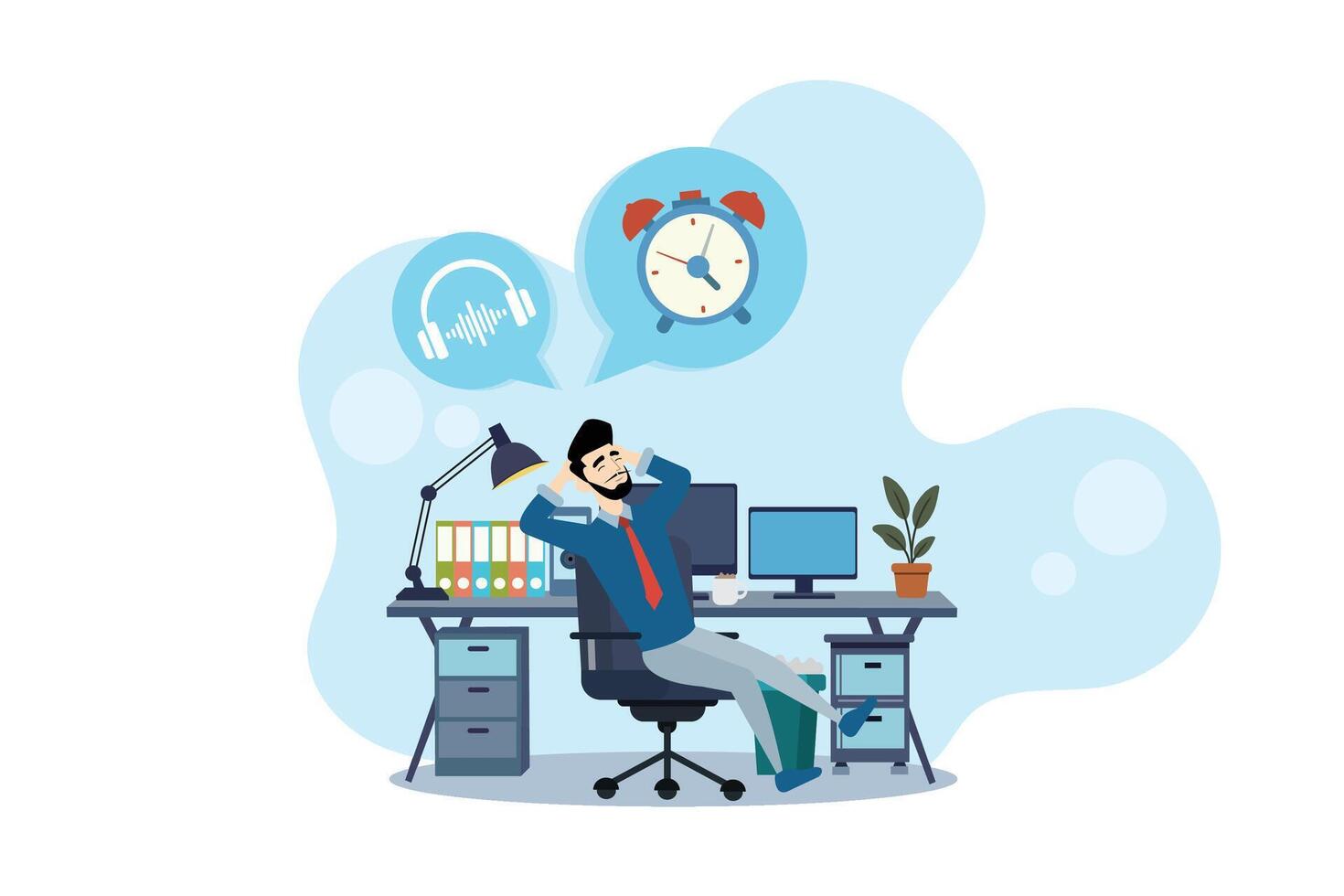 Man relaxing at desk with headphones vector