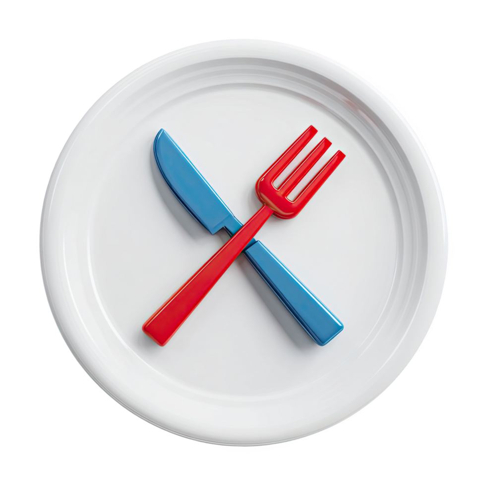 White plate with crossed red and blue utensils png